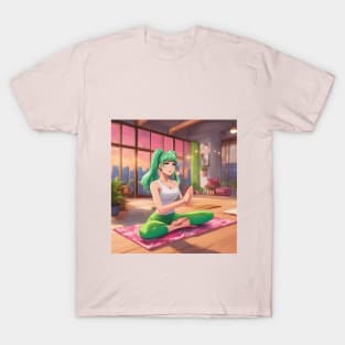 Anime girl with green hair is sitting on a pink yoga mat T-Shirt